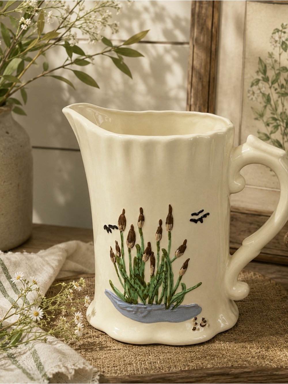 Pichet à sac de lait en céramique peint à la main – signé FG – Vintage